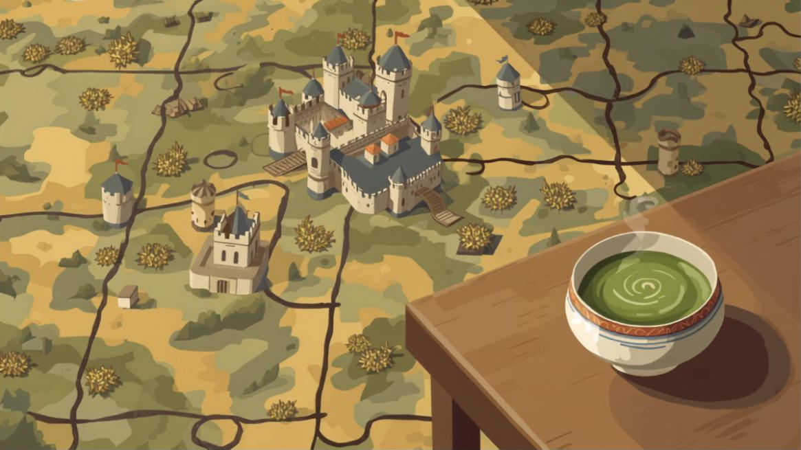 ボードゲーム「カルカソンヌ」の街づくりをイメージした地図イラストと、テーブルに置かれた緑茶