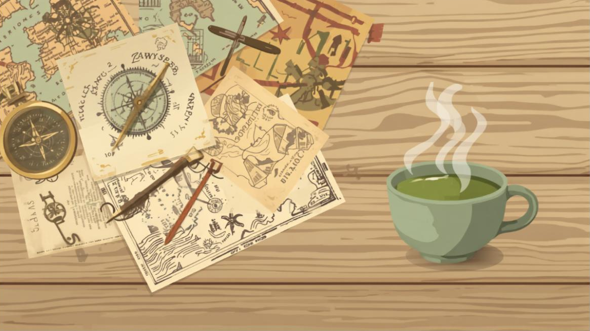 カードゲーム「ファラウェイ」の旅や地図をイメージしたイラストと、テーブルに置かれた緑茶