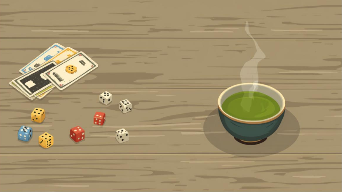ボードゲームのサイコロやカードと、湯気の立つ緑茶が並ぶテーブルのイラスト