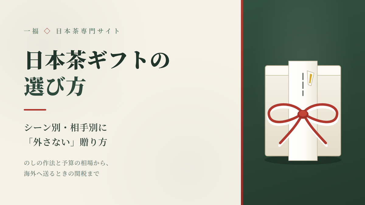 日本茶ギフトの選び方。紅白の水引と熨斗をかけた桐箱のイラスト