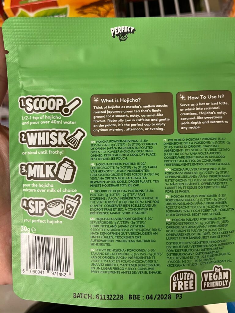 PERFECT Tedのほうじ茶パウダーの袋の裏。9つの言語で原産国が日本と書かれ、原材料はほうじ茶100%
